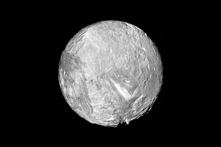 Uranus' moon Miranda on a black background