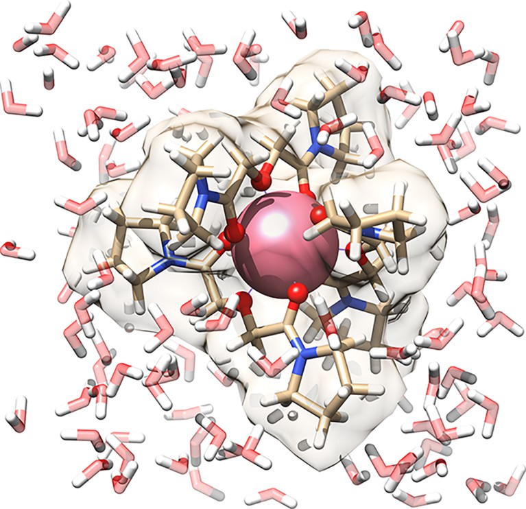 Ilustración 3D de un compuesto de Pm rodeado de moléculas de agua.