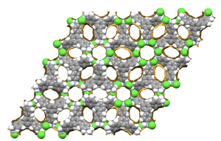 A computer generated molecular structure of a non-metal organic framework.