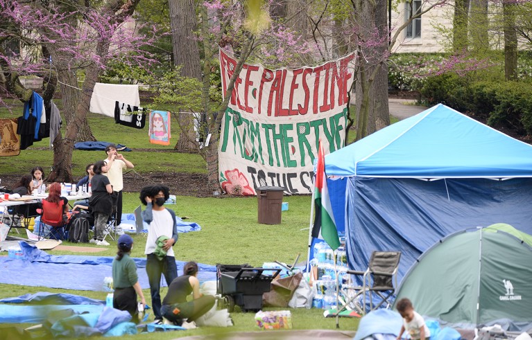 Estudiantes y residentes acampan frente a la Universidad Northwestern durante una protesta pro palestina.