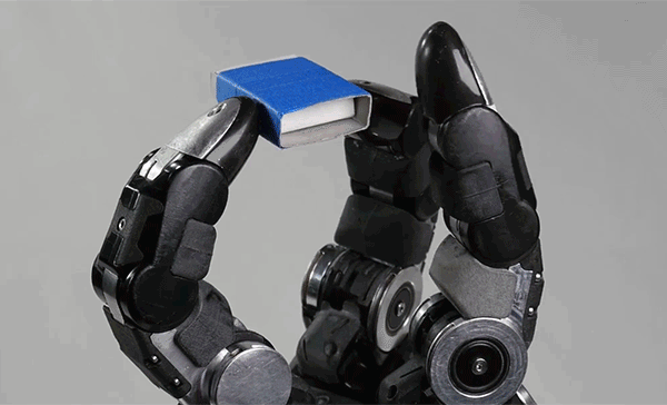 Animated sequence of a three fingers robot hand rotating a blue matchbox.