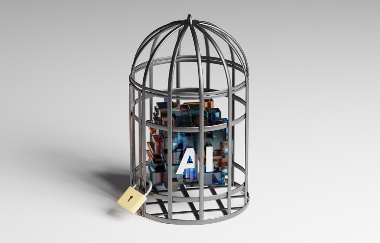 A computer rendered illustration of a digital cube labelled AI locked in a birdcage.