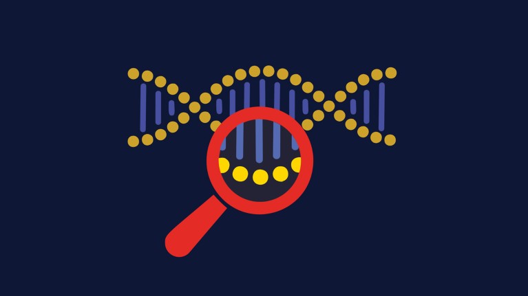 Illustration of a magnifying glass looking at a strand of DNA isolated on a dark blue background