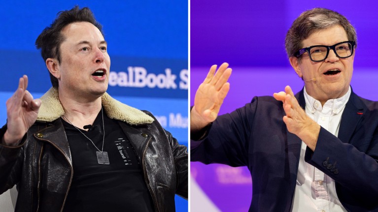 A composite of two photos of Elon Musk speaking onstage during an event in 2023 and Yann LeCun speaking during a conference in 2024.