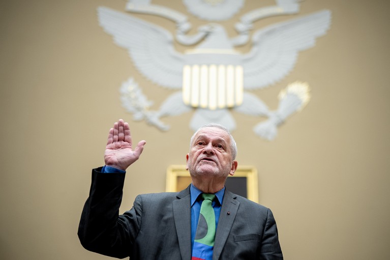 David Morens is sworn in during a Congressional hearing regarding the Coronavirus Pandemic on Capitol Hill in Washington, DC, U.S. in 2024.
