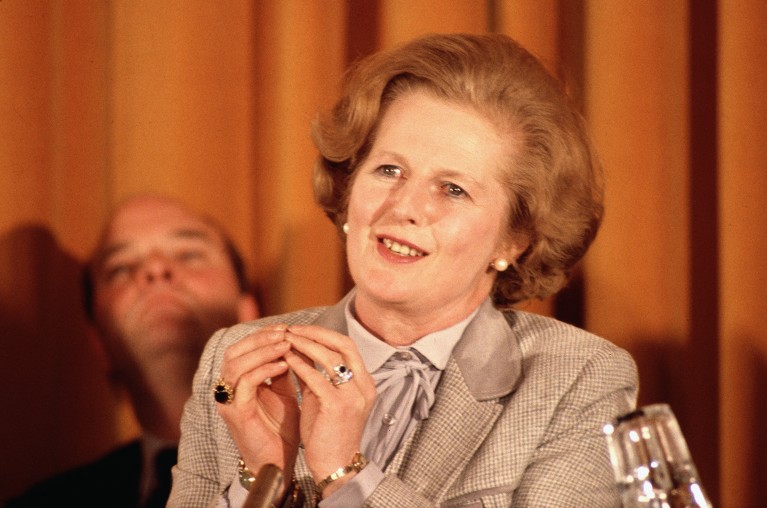 British Prime Minister Margaret Thatcher during a press conference in 1979.