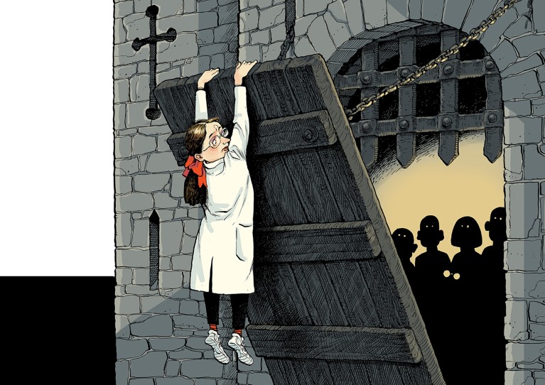 Cartoon of a researcher clinging onto a closing castle drawbridge with shadowy figures watching from inside.