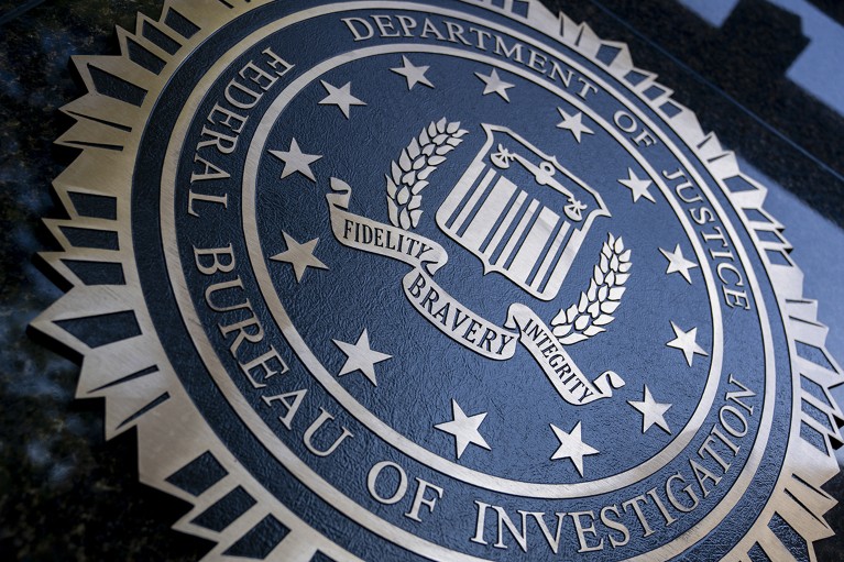 The Department of Justice Federal Bureau of Investigation seal at the FBI building in Washington, DC, U.S.
