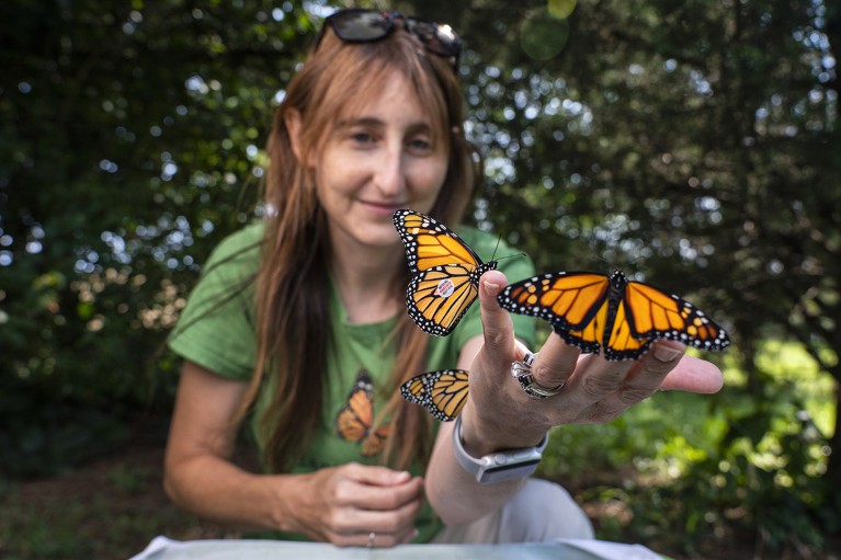 Robyn Elman with several Monarch butterflies on her outstretched hand as she releases them.