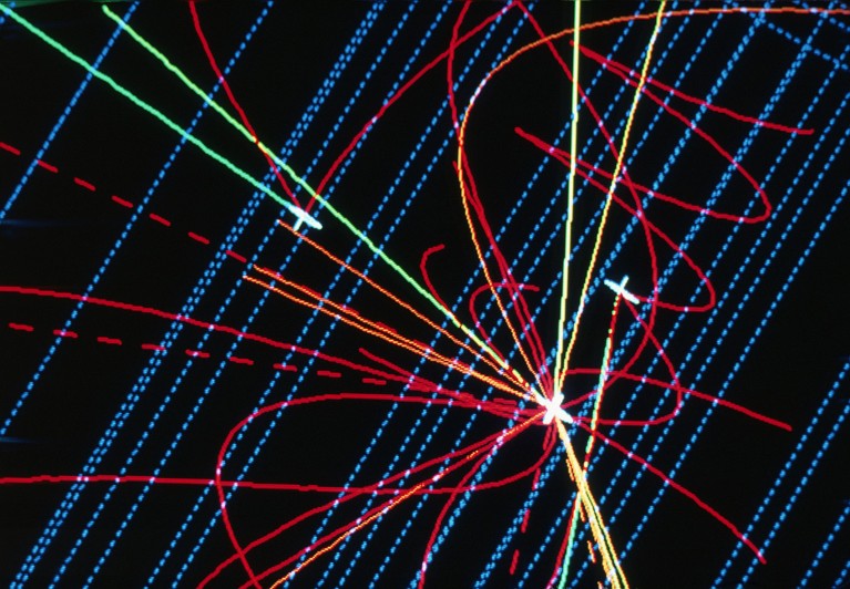 A computer generated simulation of an electron-positron collision in the DELPHI detector at CERN.
