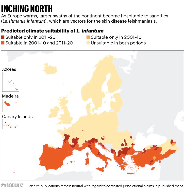 Avanzando verso nord: mappa dell'Europa occidentale che mostra l'idoneità climatica prevista di L. infantum dal 2001-10 al 2011-20.