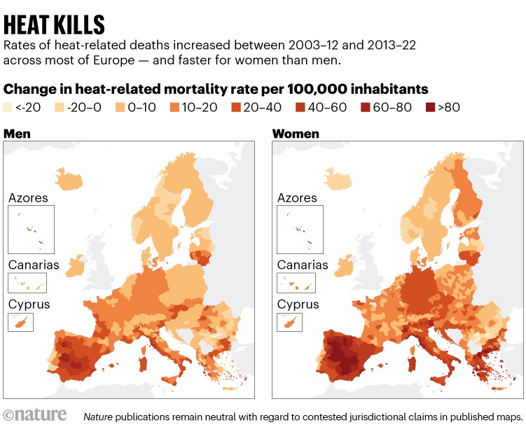 Il caldo uccide: due mappe dell’Europa occidentale che mostrano il cambiamento dei tassi di mortalità legati al caldo dal 2003-12 al 2013-22.