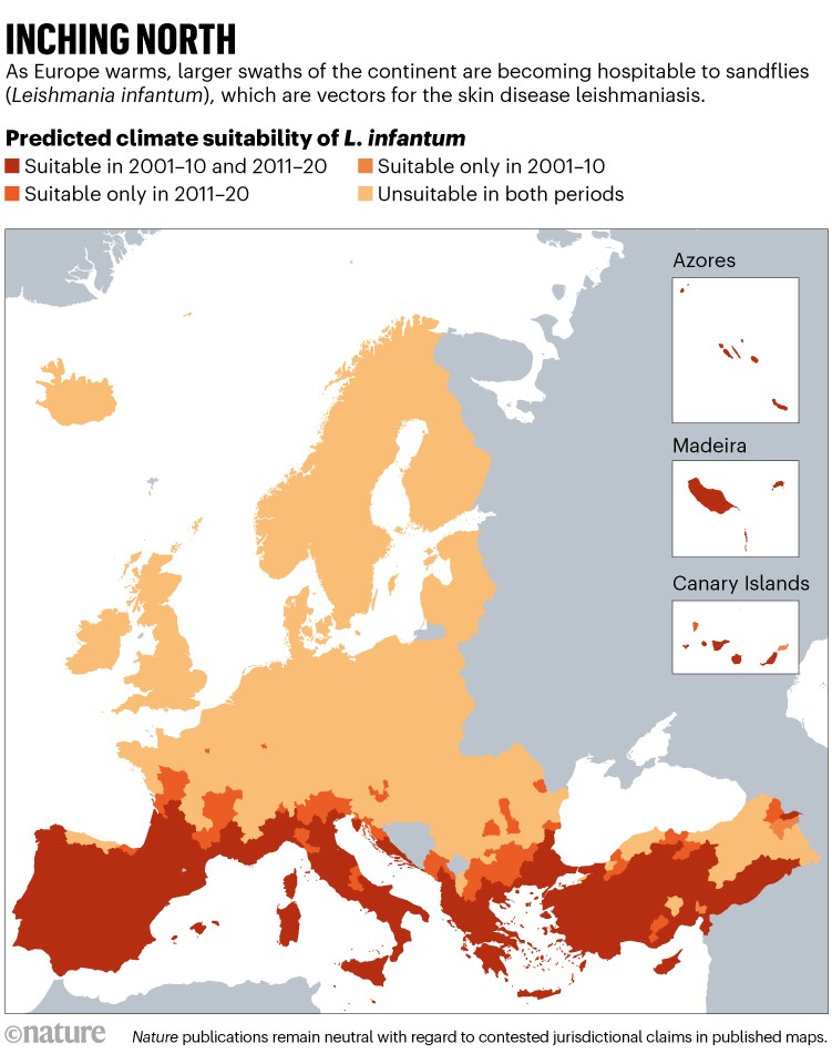 Inching north: Map of Western Europe showing the predicted climate suitability of L. infantum from 2001-10 to 2011-20.