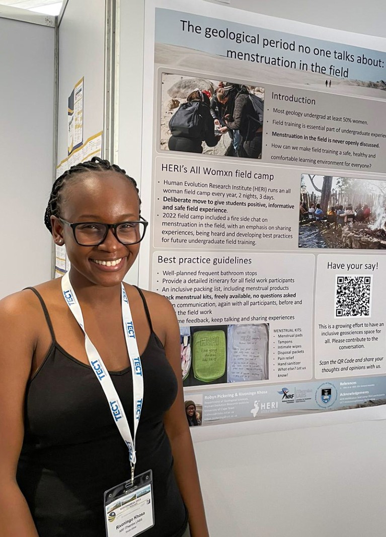 Rivoningo Khosa poses for a portrait next to her poster: The geological period no one talks about: menstruation in the field