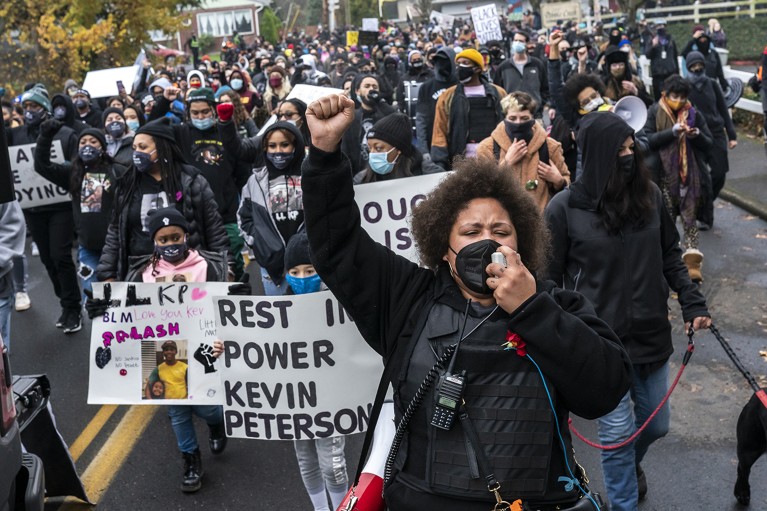 Black Lives Matter activists lead a peaceful march to honor Kevin Peterson Jr. in Vancouver, Washington, in 2020.