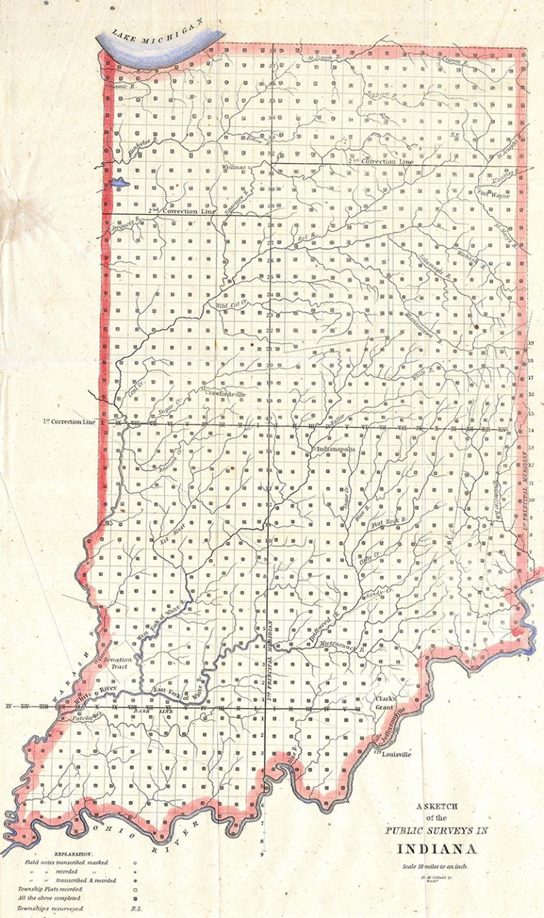Un antiguo mapa de Indiana emitido por la Oficina de Agrimensura de Estados Unidos bajo la supervisión del Dr.  McClelland.