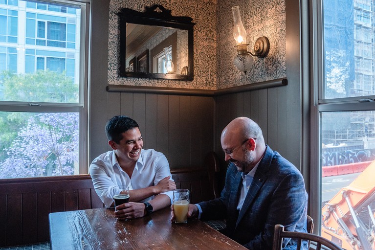 Craig Ramirez (L) and Andrew Hauser (R) laugh during a photoshoot at Half Door Brewing Co. in San Diego USA