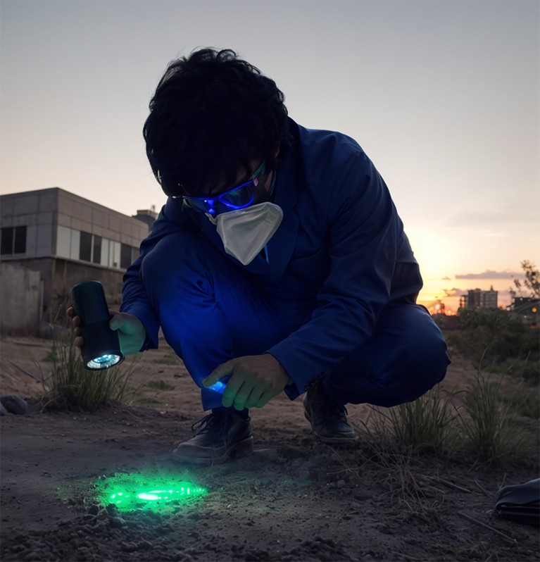 A masked and suited figure sprays spray on the ground, illuminating lead in green UV under a torch