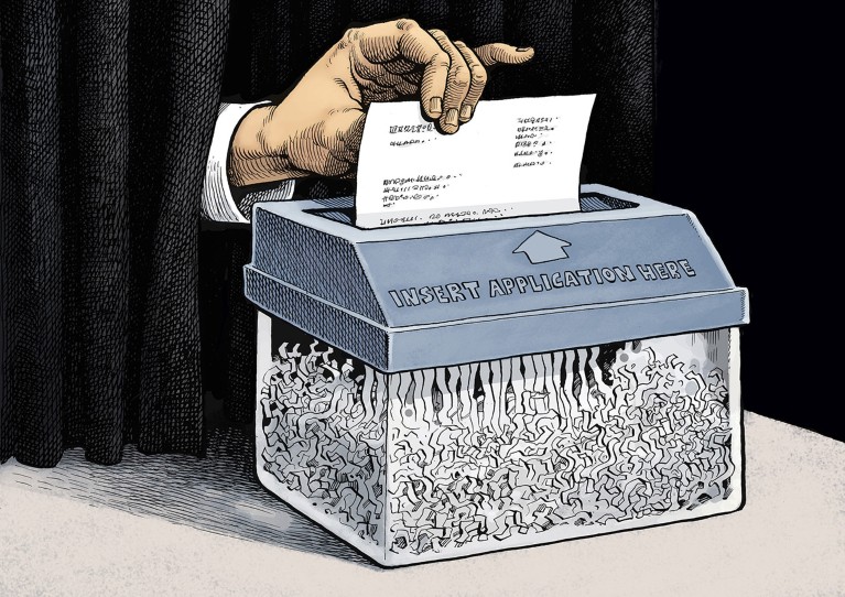 Cartoon of a hand posting a CV through a curtain, directly into a shredder.