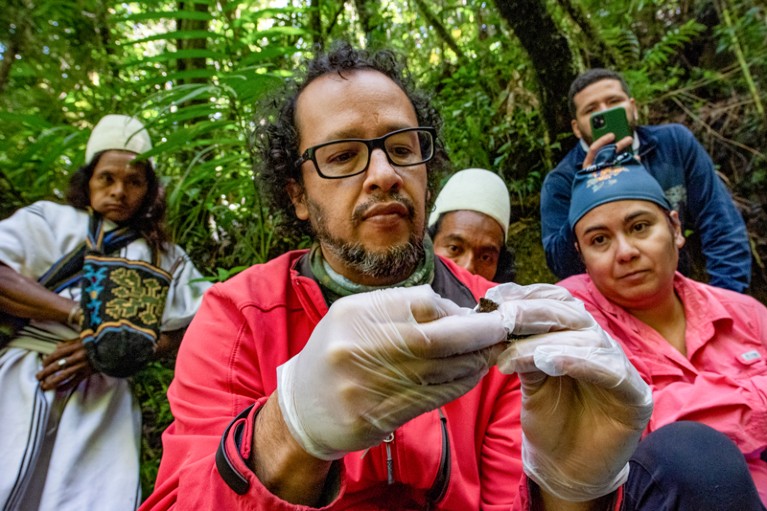 Juan Manuel Guayasamín demonstrating to a group of researchers and community members how to take swab samples from frogs