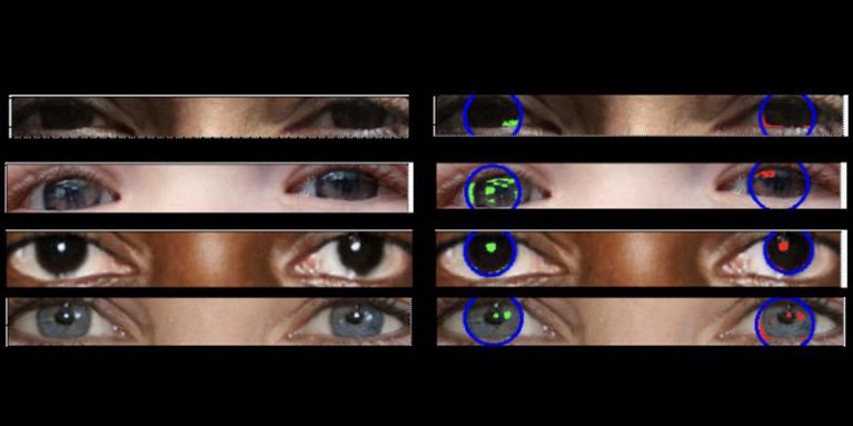 A series of clear and annotated images of deepfake eyes showing inconsistent reflections in each eye.