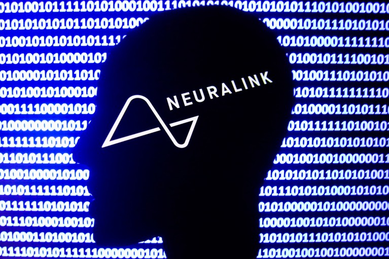 A visual illustration of the Neuralink logo displayed in white on the silhouette of a human head, with binary code displayed in the background