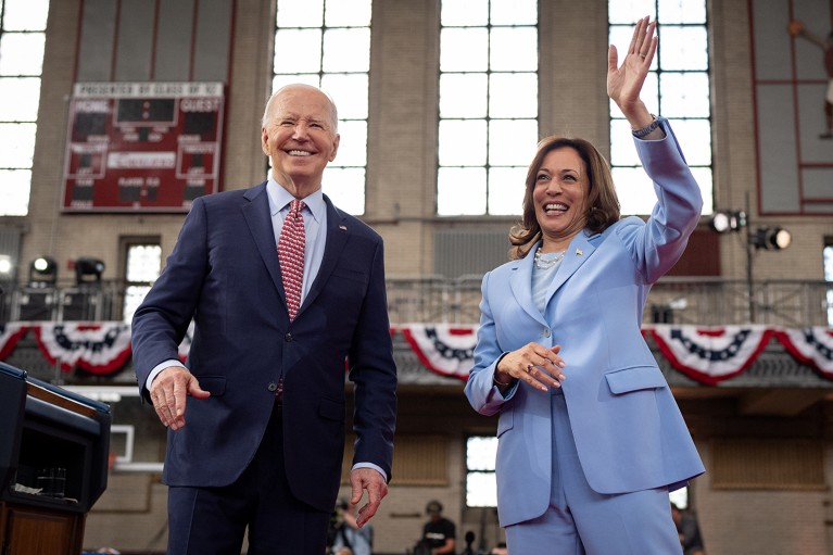 U.S. President Joe Biden and U.S. Vice President Kamala Harris wave to the audience at a campaign rally in Philadelphia, Pennsylvania, U.S.