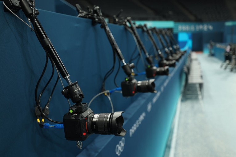 Broadcast cameras installed at Bercy Arena for the Artistic Gymnastics competition ahead of the Paris 2024 Olympic Games.