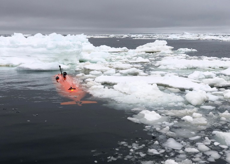 Ein orangefarbenes Tauchfahrzeug sitzt knapp unter der Oberfläche von eisigem Wasser an einem bewölkten Tag