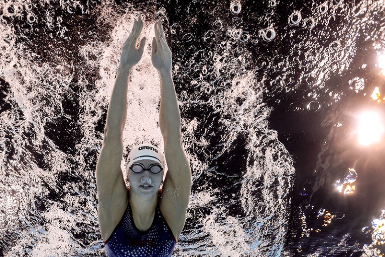 Swimmer Kate Douglass of the United States is photographed from underwater during the Paris 2024 Olympics