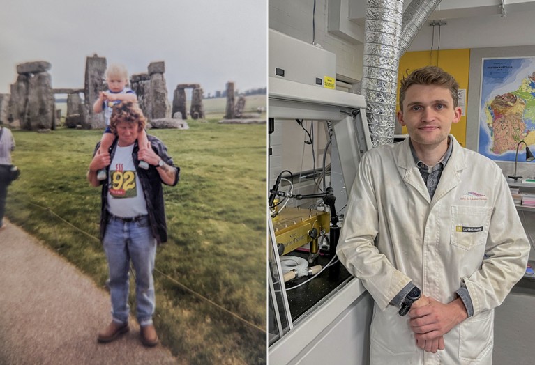 Diptych of Anthony Clarke as a one-year-old on his father’s shoulders with Stonehenge in the background (left) and as an adult standing next to lab equipment