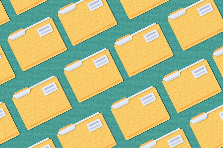 An illustration with a repeated pattern of many identical yellow file folders on a green background.