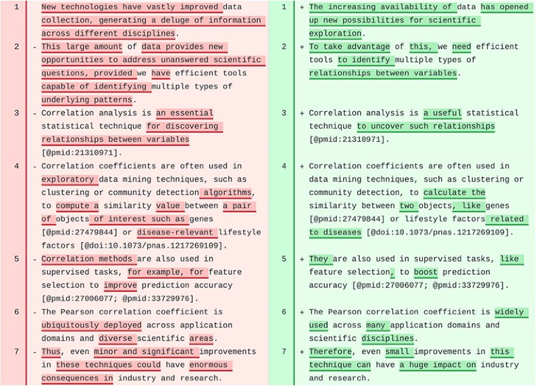 Sample of text from an AI-assisted chatbot, showing original text on the left and suggested revision on the right.