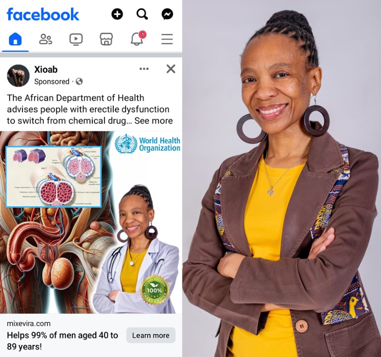 Diptych showing an advert for an erectile dysfunction treatment featuring a doctored image of Kgomotso Mathabe wearing a labcoat, and the original photo of Kgomotso Mathabe wearing a brown jacket