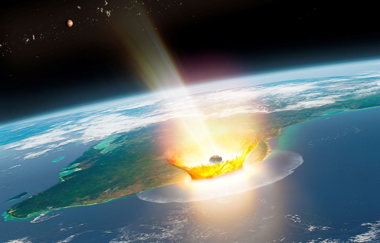 Artist impression of a large asteroid hitting Earth.