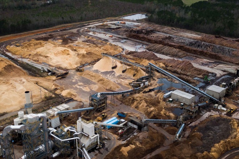 Aerial view of a biomass wood pellet production plant shows huge piles of felled logs and sawdust