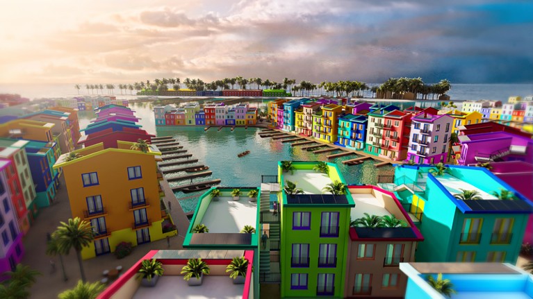 An artist's impression of The Maldives Floating City construction showing brigh mult-coloured buildings around a marina in the middle of the ocean