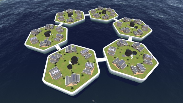 An artist's impression of a floating city made up of interlinked hexagonal islands with a ring of buildings on each