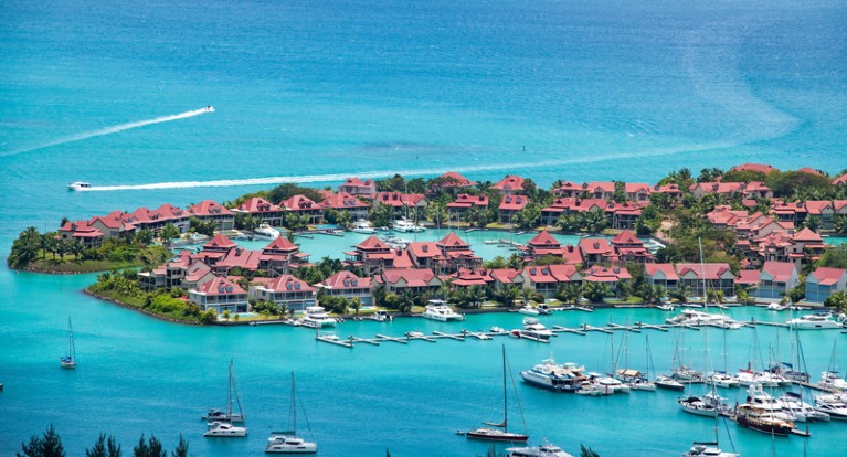 Aerial view of residential buildings and yachts on the artificial island, Eden Island in Mahe, Seychelles