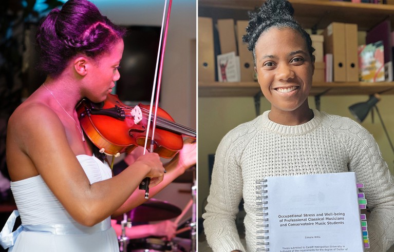 Young black lady performing violin at a wedding (left), and (right) holding her PhD thesis after passing her viva in December 2023.