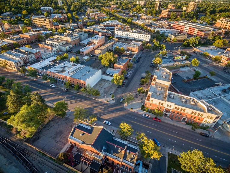 An aerial view of the downtown area of Fort Collins, Colorado.