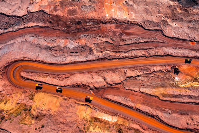 A birds eye view of an iron ore quarry