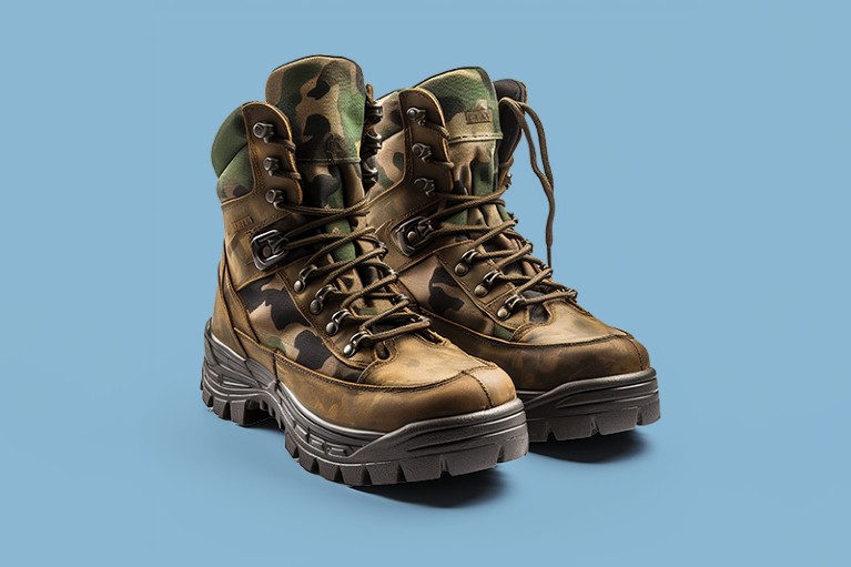 A pair of military boots on a blue background