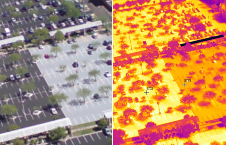 Combo of photo and infrared image of a parking lot showing a conventional dark seal-coated section adjacent to a lighter cool-sealed section.