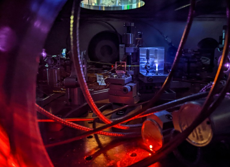 View inside a vacuum chamber where lasers for a nuclear clock are produced