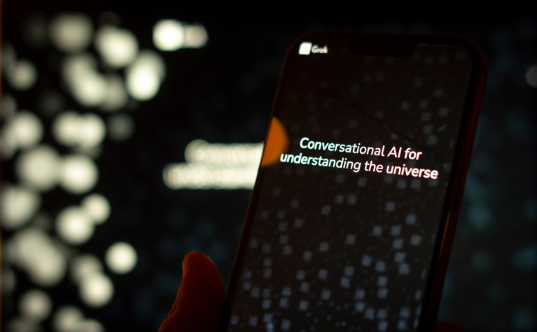 A close-up of a dark phone screen reading 'Conversational AI for understanding the universe' in white text