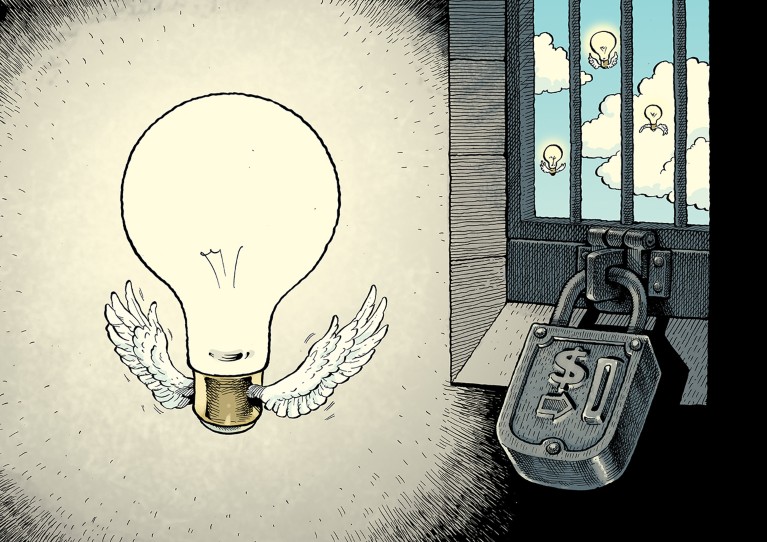 A stylised illustration showing a glowing lightbulb looking out of a barred windowed cell with a lock on the window with a dollar symbol on it. Other lit up bulbs are flying around freely outside.