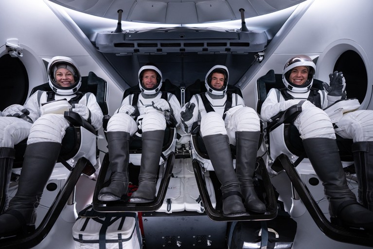 The four members of the Polaris Dawn crew at the Kennedy Space Center.