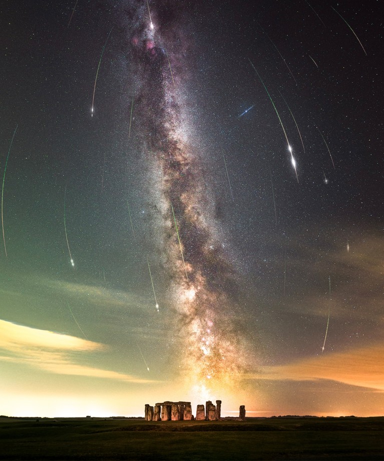 Perseid meteor shower over Stonehenge.