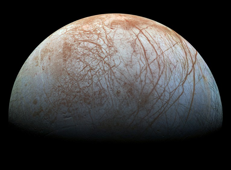 The surface of Jupiter's icy moon Europa.